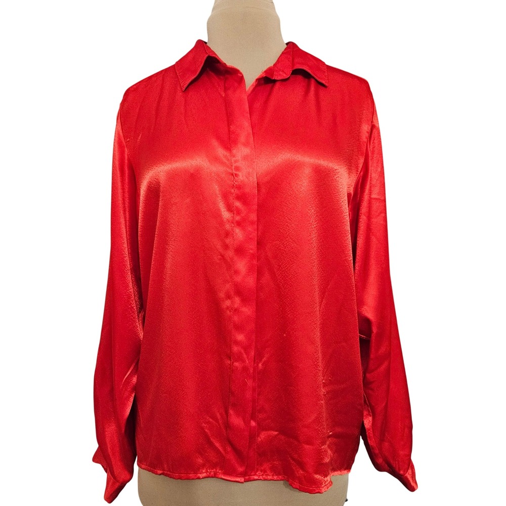 Lee Mar Vintage Red Satin Jacquard Button Up Blouse Top Size 16 Mob Wife
